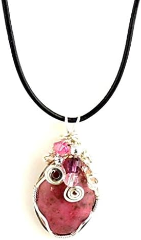 Handmade Wire Wrap Pink Pendant Necklace with 18 Inch Black Leather Cord