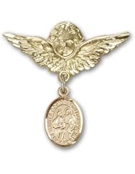 14K Gold Baby Badge with Sts. Cosmas & Damian Charm and Angel with Wings Badge Pin