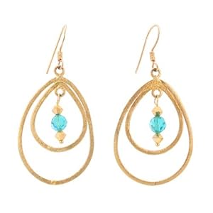 Gold Vermeil Teardrop Shaped Dangle Earrings with Teal Blue Swarovski Crystal Bead Accents, #7472