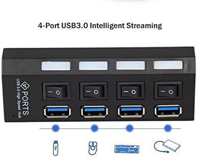 [USB 3.0 Hub] Elecsonix Super High Speed 4 Port USB 3.0 Hub with Individual Power ON/OFF Switch LEDS + AC Power Adapter For Desktop Laptop PC (BlACK)