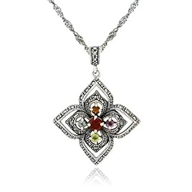 Sterling Silver Marcasite and Multi-Gemstone Flower Pendant, 18 by