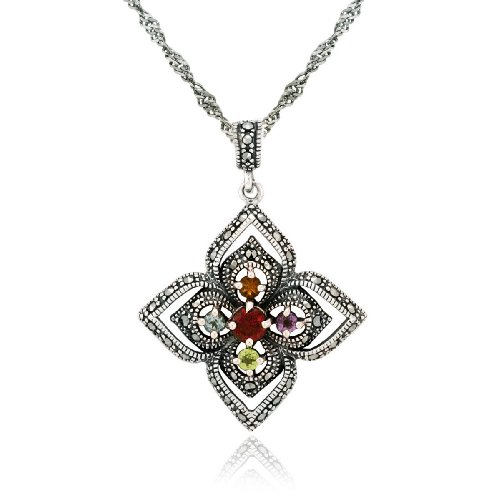 Sterling Silver Marcasite and Multi-Gemstone Flower Pendant, 18"