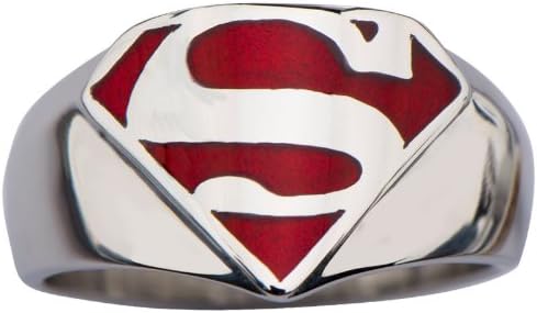 INOX Superman "Man of Steel" Stainless Steel and Red Enamel Signet Ring