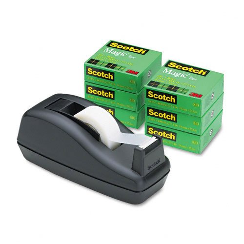 Scotch : C40 Desk Tape Dispenser and Six Rolls Scotch Magic Tape, 1 core, Black -:- Sold as 2 Packs of - 6 - / - Total of 12 Each