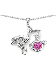 Original Star K (tm) New Baby Stork Mother Pendant with Heart Shape Created Pink Sapphire in .925 Sterling Silver
