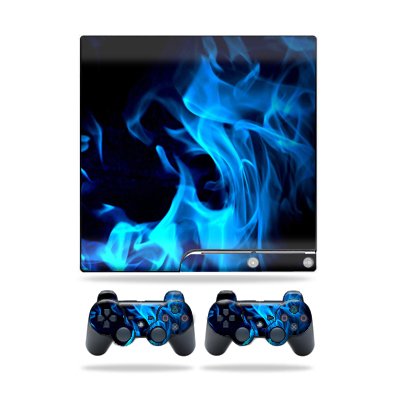 Protective Vinyl Skin Decal Cover for Sony Playstation 3 PS3 Slim Skins + 2 Controller Skins Sticker Blue Flames