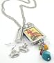 "Beauty" & "Crazy For You" Lady's X-Large & Chunky 2 Sided Photo/Shadow Box (with Retro Vintage Lady) LONG Charm Necklace & Crown Earrings Set with Genuine Turquoise Stone Accents ~ GIFT BOXED N8
