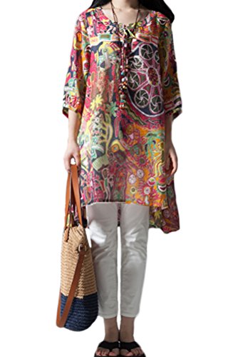 （モダンミス）Mordenmiss 2015夏レディー　　七分袖チュニック　丸開いたネック　カジュアルワンピース　マルチカラー 　不規則プルTシャツ　 シフォン【並行輸入品】