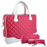 14.1 inch Pink Diamond Quilted Pattern with White Accent Trim Bubble Foam Padded Laptop Computer Notebook Sleeve Office Tote Briefcase Carry Case Messenger Shoulder Bag