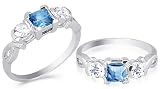 Princess London Blue Topaz & Round White Cz Ring Sterling Silver Size 8