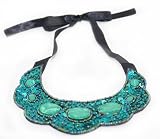 ZAD Large Blue Agate, Sequin and Beaded Bib Necklace on Black Ribbon