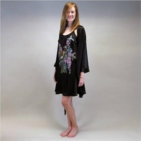 Silk Nightgown & Robe Set -- Parakeets in Wisteria -- 100% Silk Women's Nightgown & Robe Sleepwear Set with Hand Painted Art