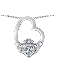 Celtic Love By Kelly (tm) Floating Heart Irish Claddagh Pendant with Heart Shape Simulated Diamond in 925 Sterling Silver