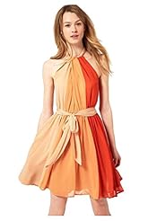 Pleated Keyhole Colorblocking Chiffon/Cotton/Polyester Halter Sleeveless Knee Length  Dress