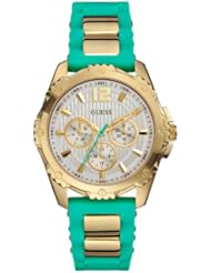 GUESS Womens U0325L4 Green Silicone Multi-Function Watch with Gold-Tone Case & Genuine Crystal Accents