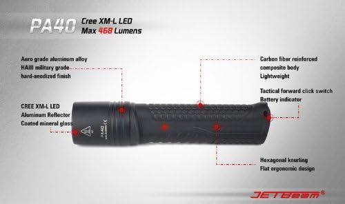 JETBeam PA40 Carbon Fiber Body Cree XM-L Flashlight - 468 Lumens