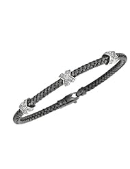 Silver Ruthenium Plated Polish 7.25" 3.65mm Basketweave Bangle With .01Ct Diamond And Fancy Lobster Clasp