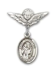 Sterling Silver Baby Badge with St. Augustine Charm and Angel with Wings Badge Pin