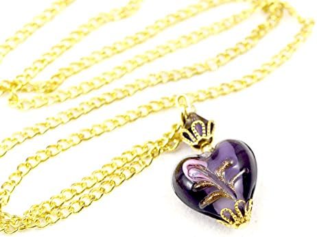 Royal Purple Lampwork Glass Heart Pink Flower Swarovksi Crystal Gold Necklace