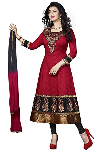 DivyaEmporio Women's Cotton Resham Anarkali Unstitched Dress Material Free Size Red