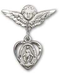 Sterling Silver Baby Badge with Miraculous Charm and Angel w/Wings Badge Pin