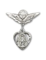 Sterling Silver Baby Badge with Miraculous Charm and Angel with Wings Badge Pin