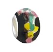 Pandora Style Charm Bead (Z173) Murano Style Lampwork Glass (14mm x 10mm) (fits Troll too) ~ Black on Aqua, Pink and Yellow