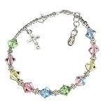 Sterling Silver Children's First Communion Rosary Bracelet with Multi-Color Sparkling Crystals and CZ Cross Charm (6-11 years) in Black Velvet Gift Box (6 - 6.5 adjustable)