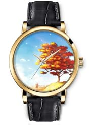 SPRAWL Aanalog Fashion Series Gold Ladies Watches of Genuine Black Leather Strap,Unique Wrist Watch for Women Girls Designed with Beautiful tree in autumn