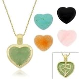 Vermeil (24k Gold over Sterling Silver) Genuine Green Jade, Rose Quartz, Red Jade, Onyx, and Simulated Blue Turquoise 5 Stone Sterling Silver .925 Heart Filigree Reversible Pendant Jewelry Set