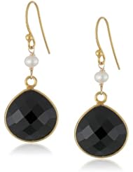 Faceted Black Onyx Heart Shape Bezel with White Freshwater Cultured Pearl and Gold over Silver Ear Wire Drop Earrings