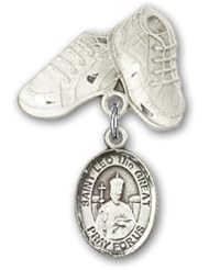 Sterling Silver Baby Badge with St. Leo the Great Charm and Baby Boots Pin