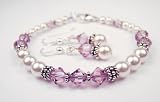 June Lt. Amethyst (Alexandrite) Birthstone Bracelets and Earring SETS: White Pearl Swarovski Crystal Beaded Bracelets in .925 Sterling Silver