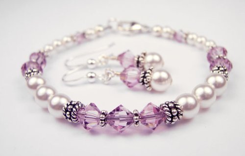 June Lt. Amethyst (Alexandrite) Birthstone Bracelets and Earring SETS: Swarovski Crystal Beaded Pearl Bracelets in Sterling Silver