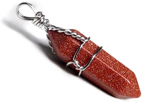 Silver Wire Wrap Artificial Crystal Healing Point Pendant Chakra Cut Gemstone Jewelry for Necklace Making 37*8mm (Goldstone)