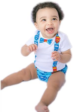 Superman Baby Outfit - Onesie with Suspender and Bow Tie Details, and Diaper Cover (12 months)
