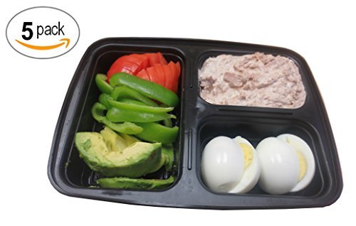 3T Plus™ 3 Compartment Microwave Safe 32 Ounce Food Container Tray Portion Control and Meal Prep Lunch Bento Box with Airtight Lid - 5 Pack