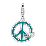 Sterling Silver Enamel Peace Sign with Dragonfly With Lobster Clasp Charm - Measures 28x17mm