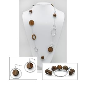 Geometric Wood Jewelry Set Silvertone
