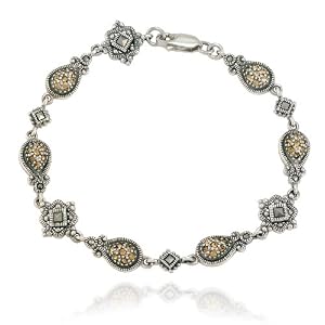 Sterling Silver Marcasite and Champagne Crystal Drops Link Bracelet, 7.5 by