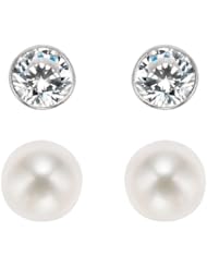 14k Stud Pearl and Cubic Zirconia Earrings Set in Wg Bezel Setting