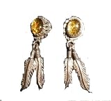 Native American Sterling Silver Feather Earrings with Genuine Citrine Stones