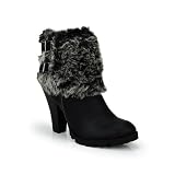 Dual Buckle Fur Trim High Heel Ankle Bootie Black Grey