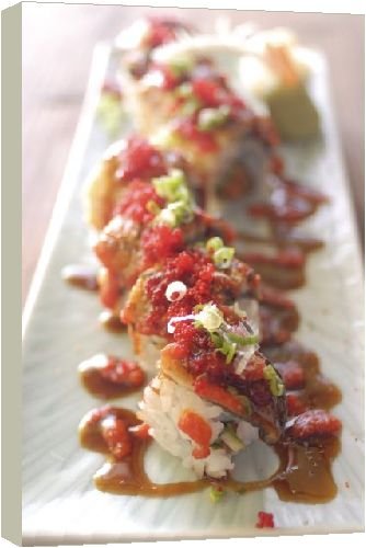 Box Canvas Print of Plate of sushi rolls with hot sauce from Robert Harding