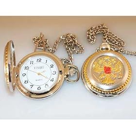 Souvenir Watch/Russian Emblem Watch [Made in Russia. Diameter: 2 inches (5 cm). Souvenir pocketwatch with chain, decorated with the Russian emblem] [Men have few needs when it comes to accessories, but a quality watch is a must. Use yours to show your love of Russian culture by choosing this handsome pocketwatch, featuring the Russian emblem of the two-headed eagle. The overall color is silver with gold accents and a coat of arms in vibrant red. This watch may be a souvenir, but it is striking nonetheless]