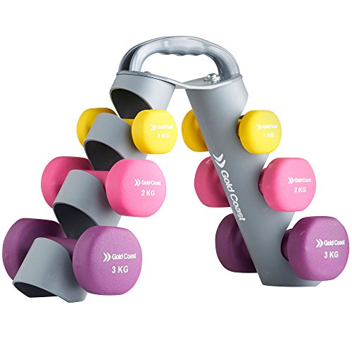 Gold Coast 12kg Neoprene Dumbbell Weights Set with Adjustable Carry Stand Gold Coast 12kg Neoprene Dumbbell Weights Set with Adjustable Carry Stand