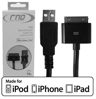 RND Power Solutions black EXTRA long sync & charge (10ft) cable made for Apple (iPad / iPhone / iPod). Our cable is APPROVED by Apple and meets/exceeds Apples high manufacturing/quality standards.