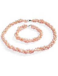 18k Gold Over Sterling Silver Pink Cultured Freshwater Pearl High Luster,3 Row Twist Necklace and Bracelet Set,AAA Quality,include Gift Pouch.