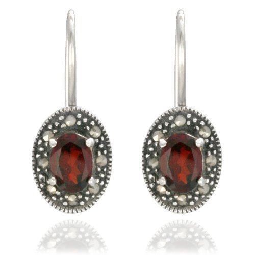 Sterling Silver Marcasite Garnet Oval Earrings