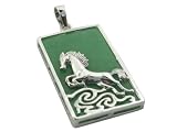 Green Jade Wild Stallion Rectangle Pendant, 925 Sterling Silver
